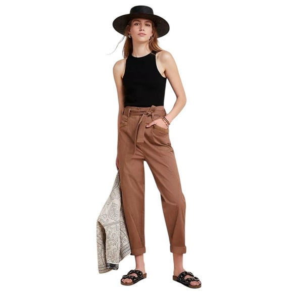 Anthropologie Pants - Anthropologie Ellie Embroidered Cotton Utility Pants with Belt 2 Tan